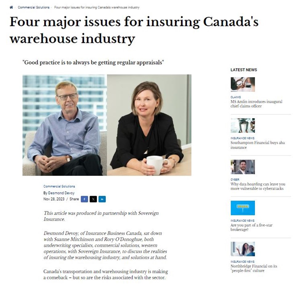 a screenshot of the article "Four major issues for insuring Canada's warehouse industry".
